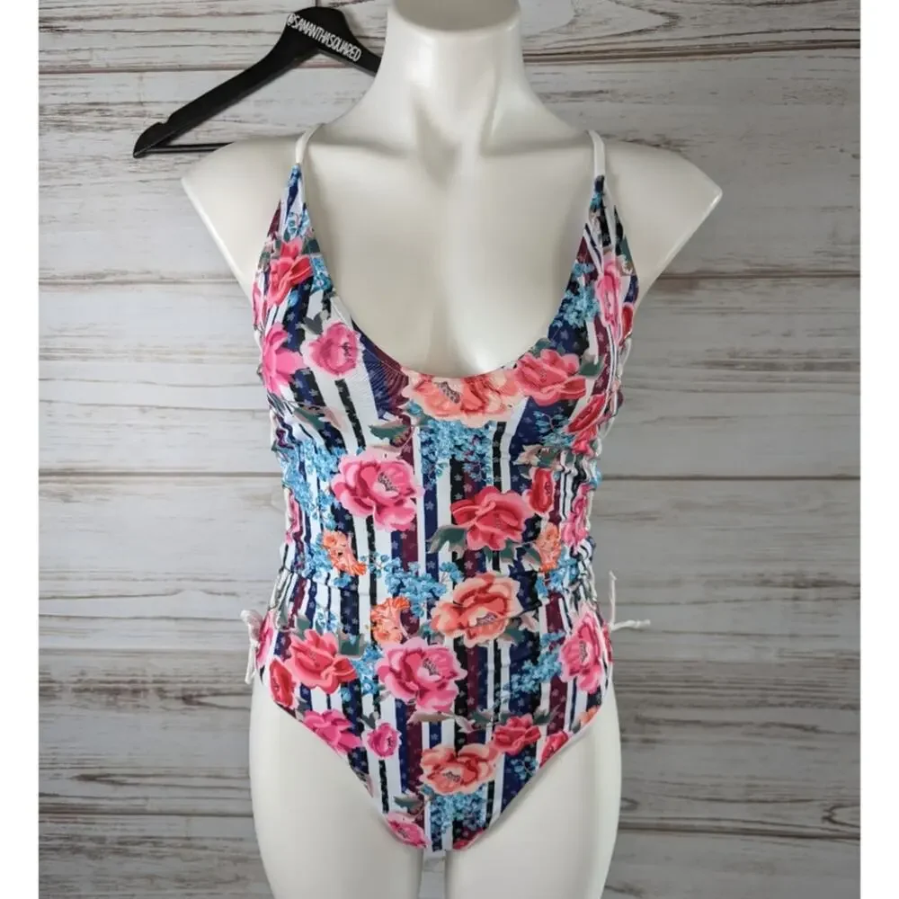 SheIn Floral Stripe Side Tie One Piece Swimsuit sz Medium
